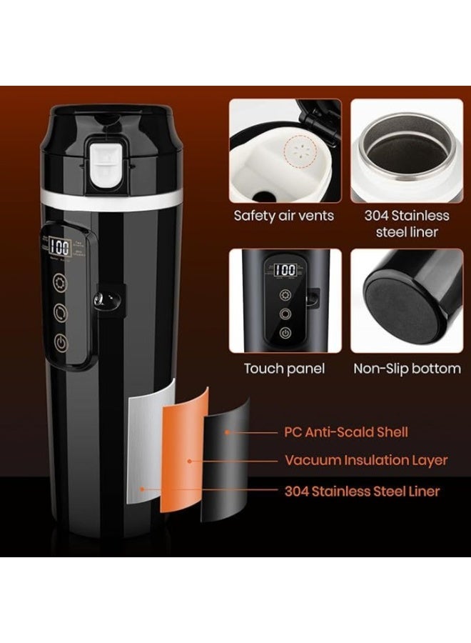 Car Portable Electric Kettle,12V/24V 500ml Fast Heating Water Cup,Stainless Steel Travel Cup,Leak-Proof Kettle with Temperature Control,Camping Heated Thermos Coffee Mug,Black - Image 4